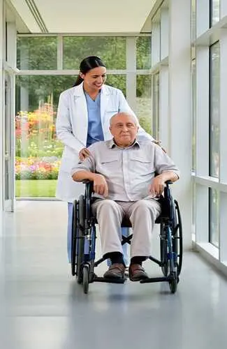 Auxiliar de enfermería acompañando paciente internado en clínica de Envigado