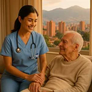 Enfermera a domicilio Medellín asistiendo con tareas diarias de adulto mayor