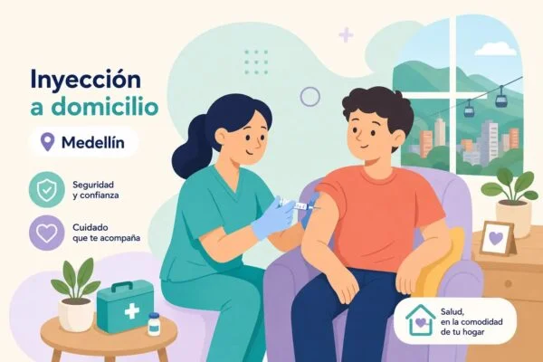 Enfermera administrando una inyección a un paciente durante atención de enfermería a domicilio en Medellín