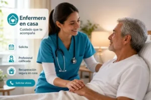 Enfermera brindando cuidado postoperatorio a domicilio en Medellín para apoyar la recuperación del paciente.
