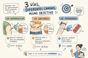 Enfermero a domicilio explicando las diferencias entre las vías intramuscular, subcutánea e intravenosa